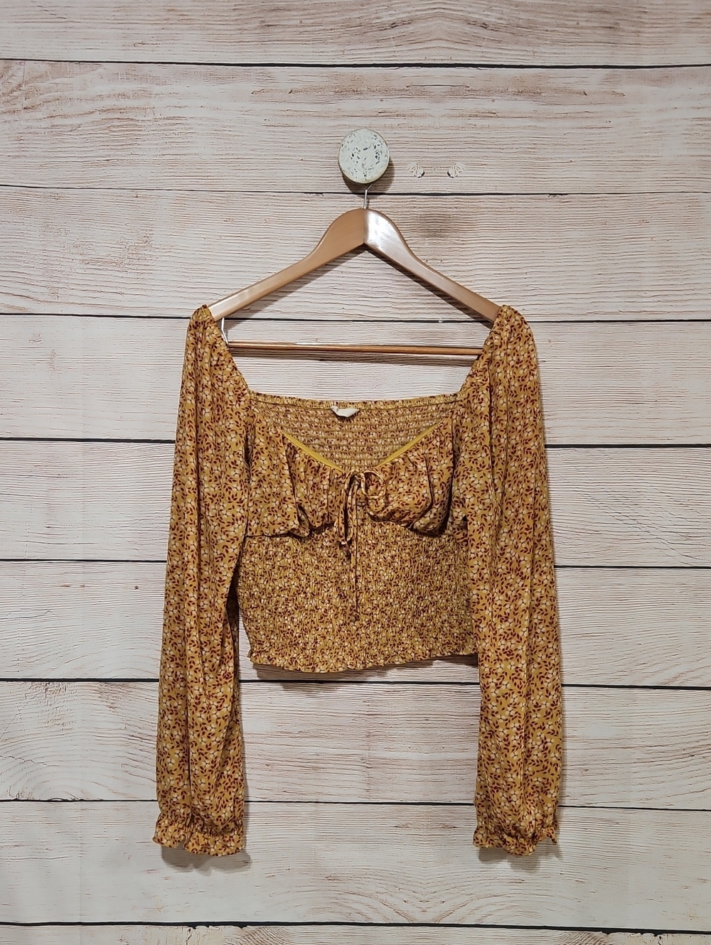 💟 Kingston Grey Floral Smocked Peasant Cropped Long Sleeve Blouse Mustard XL